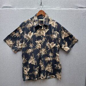 Batik Bay Mens Hawaiian Shirt L Black & Beige Tropical Leaf Print 100% Cotton